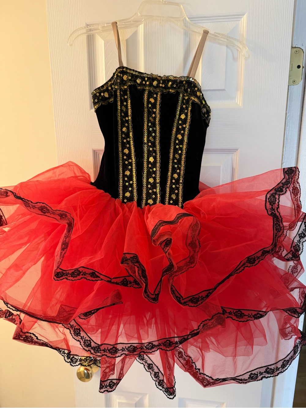 Black and Red Ballet Tutu Costume with Gold Accents